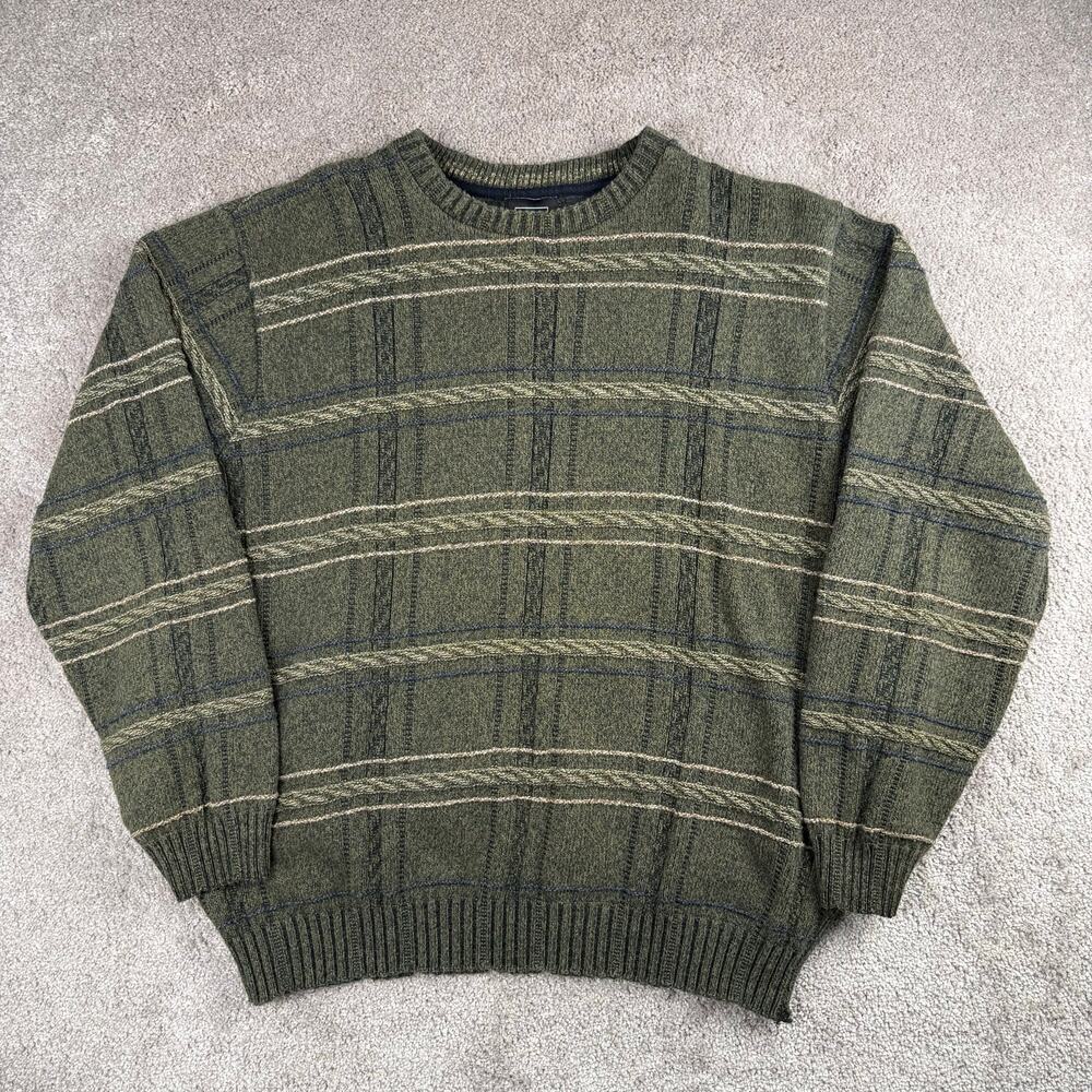 Haggar Crewneck Sweater Size L Olive Green Cable Knit Plaid Grandpa Preppy